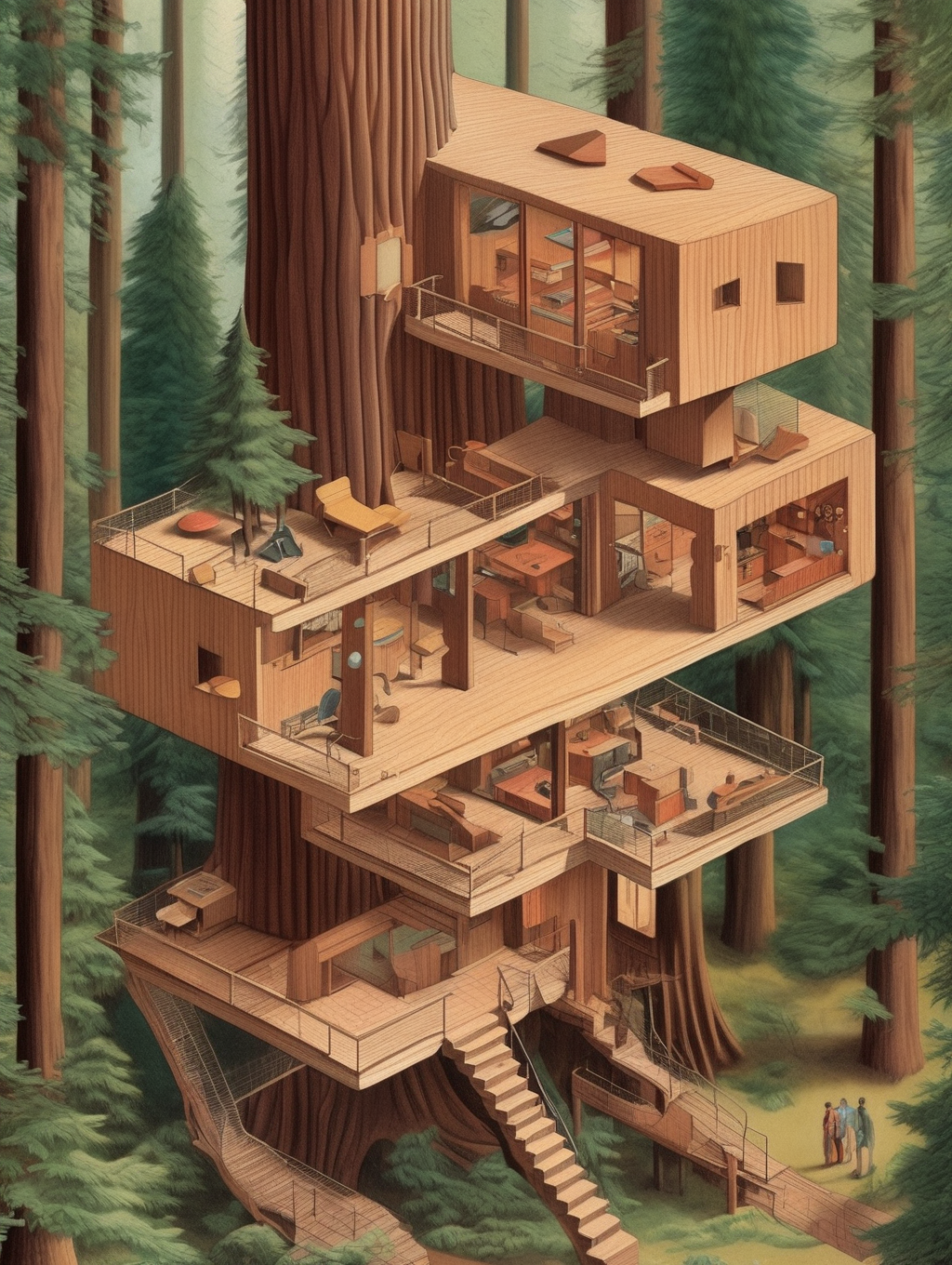 01985-718937989-_lora_Isometric Cutaway_1_Isometric Cutaway - Cutaway illustration, isometric mid century modern tree houses in giant redwood fo.png